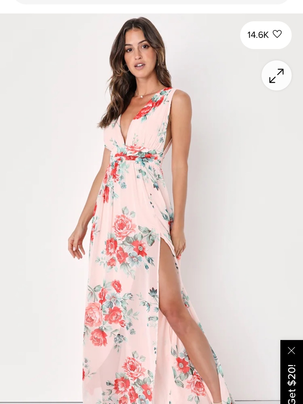 Lulu's Pink Floral V-Neck Maxi Dress with Coral Roses